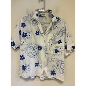 Vintage Diane Von Fürstenberg DVF Floral Button Up Shirt White & Blue – Size M